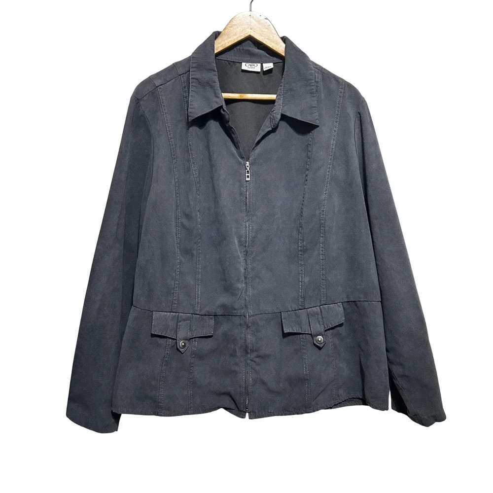 Cato Woman Jacket‎ 22/24W Charcoal Zip Front Peplum Structured Minimalist Chic